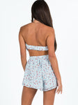 Strapless romper Floral print Inner silicone strip at bust  Elasticated back and waist  Exposed back 