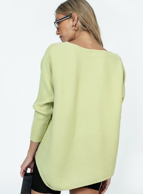 Green sweater Relaxed fit Ribbed knit material Wide neckline
