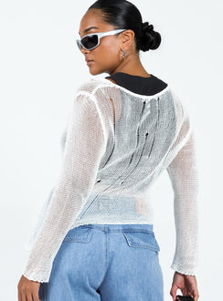 Sweater Sheer knit material Wide neckline Asymmetrical hem Good stretch Unlined 