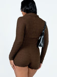 Brown long sleeve romper Textured material Classic collar Button fastening at front