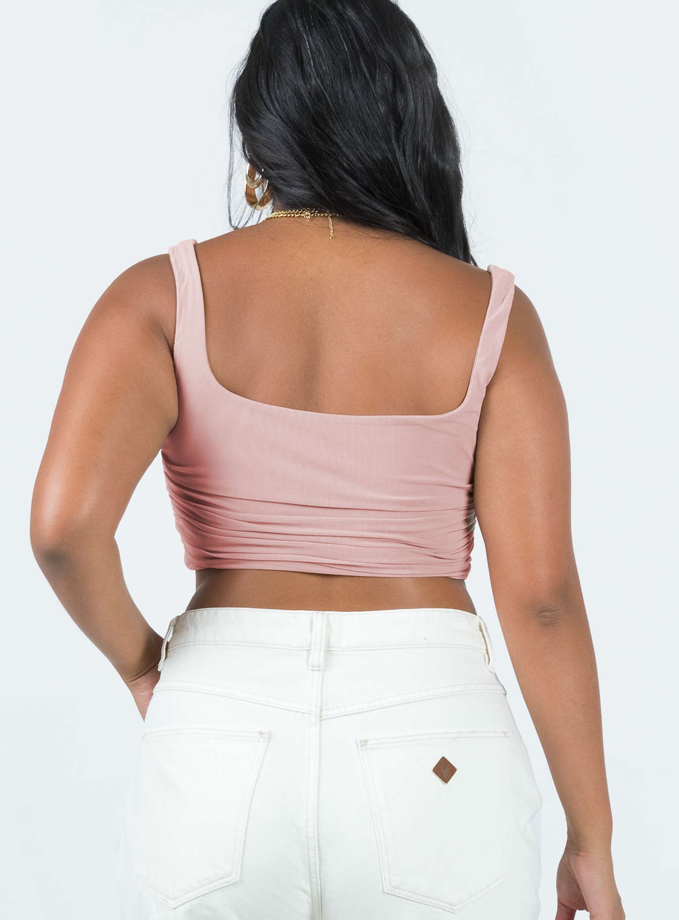 Crop top Mesh material Ruched sides Boning through front Curved hem