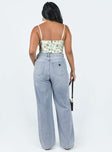 Jeans Belt looped waist Classic five-pocket design Zip & button fastening High waisted Branded patch at back Wide leg Ripped knees