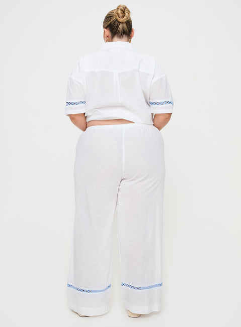 White and blue Linen pants Elasticated waistband, drawstring tie fastening, high rise