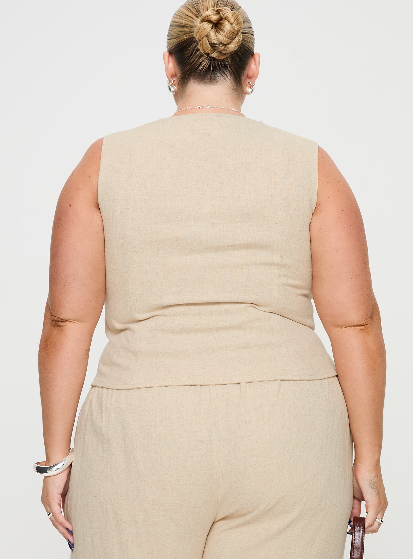 Beige Linen top Square neck, button up fastening