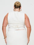 White Linen vest V-neckline, button-up fastening, twin faux pockets, tie up fastening at back