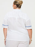White and blue Short sleeve shirt Classic collar, button fastening at front, crochet detail