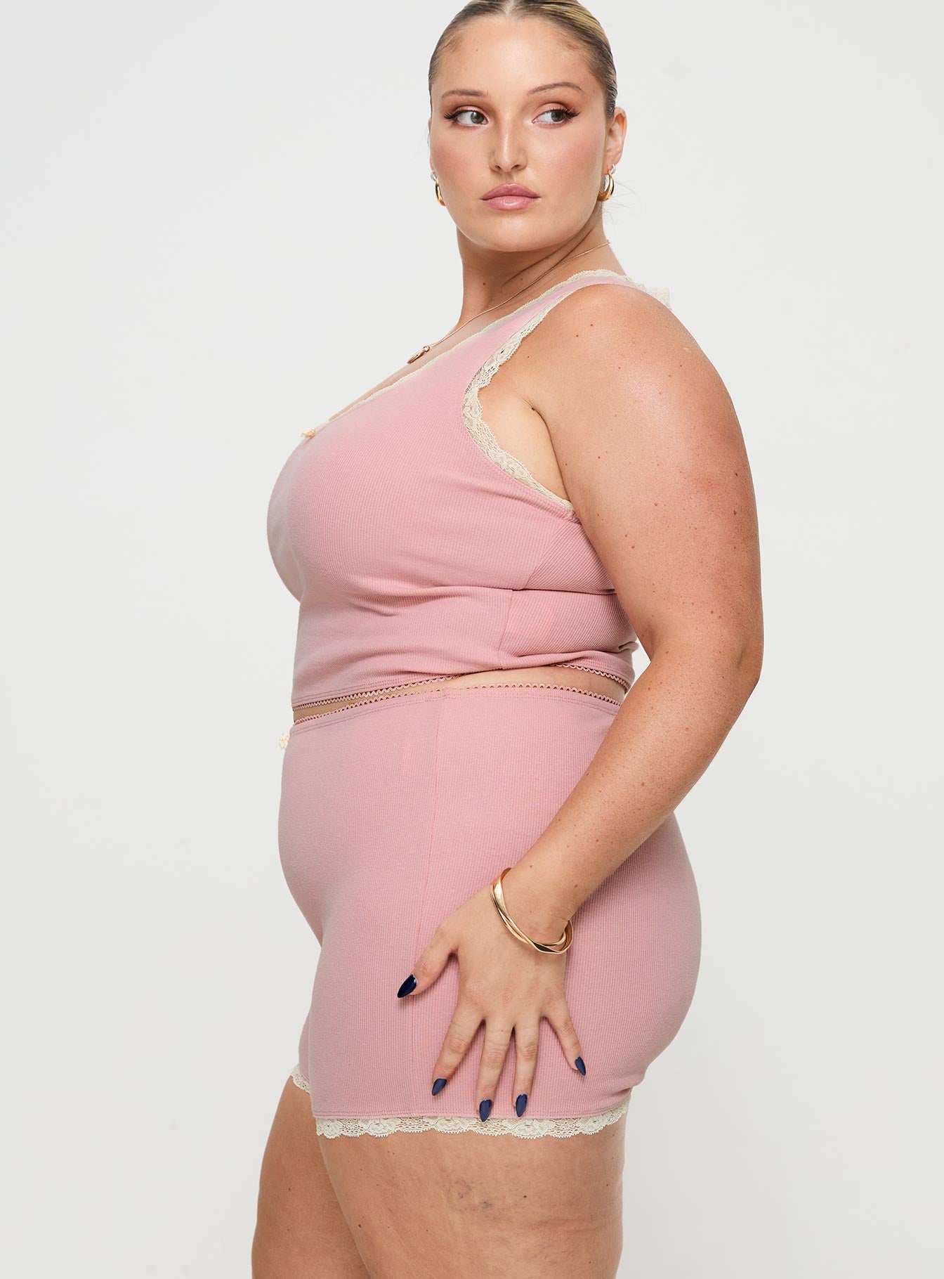 Riley Matching sleep set Tank style top, ribbed material, lace trim with flower detail, elasticated waistband