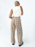 Pants 100% polyester Plaid print  High waisted  Hook & zip fastening  Belt looped at waist  Pleated waist  Twin hip pockets Faux back pocket Wide leg 