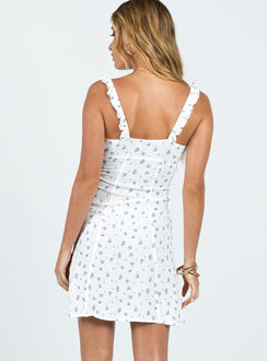 Mini dress Floral print Elasticated shoulder straps Cut-out at bust with tie fastening Invisible zip fastening at side