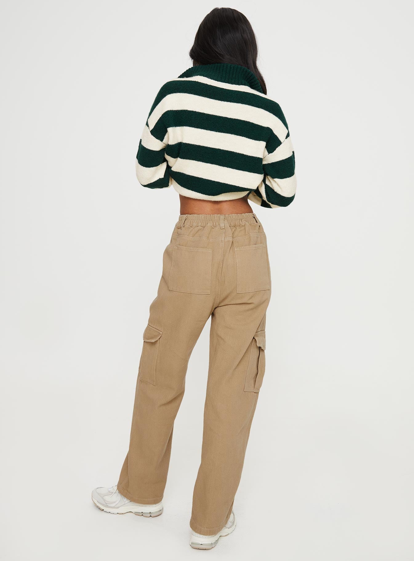 Straight leg cargo pants, denim material Belt looped waist, elasticated waistband at back, zip & button fastening, six pocket design Non-stretch, unlined 