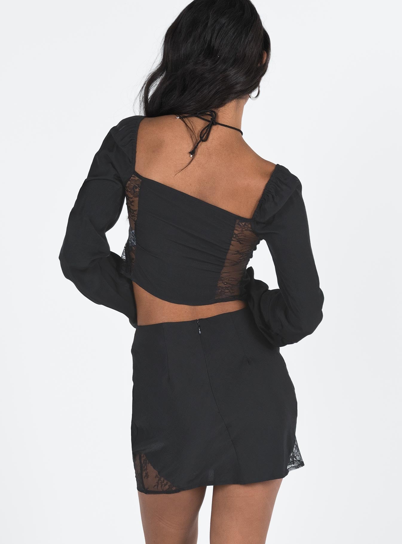 Black matching set Silky material Long sleeve top Tie front Lace detail Mini skirt High rise