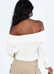 White sweater Knit material Off the shoulder design Folded neckline Good stretch Unlined 