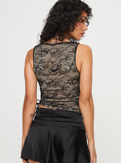 Top V-neckline, sheer lace material, ruching at side with adjustable ties Invisible zip fastening at side