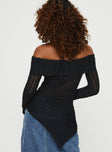 Off the shoulder sweater Sheer knit material, folded neckline, asymmetrical hemline Good stretch, unlined, sheer