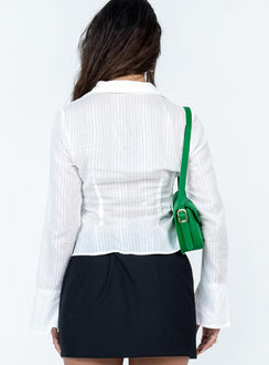 Long sleeve top Sheer material  Classic collar  Latch fastening at buts  Flared cuffs 