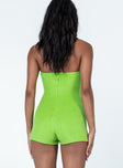 Strapless green playsuit Towelling material  Invisible zip fastening at back  Dress look at front Visible shorts at back  Good stretch  Unlined 