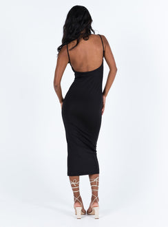 Black midi dress Adjustable shoulder straps V neckline Key hole cut out with tie fastening Good stretch Fully lined 