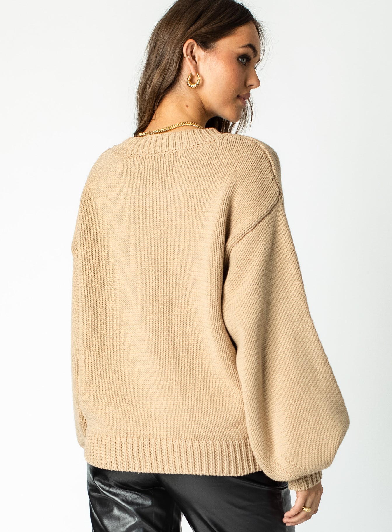 Harmony Balloon Sleeve Knit Sweater Dark Brown