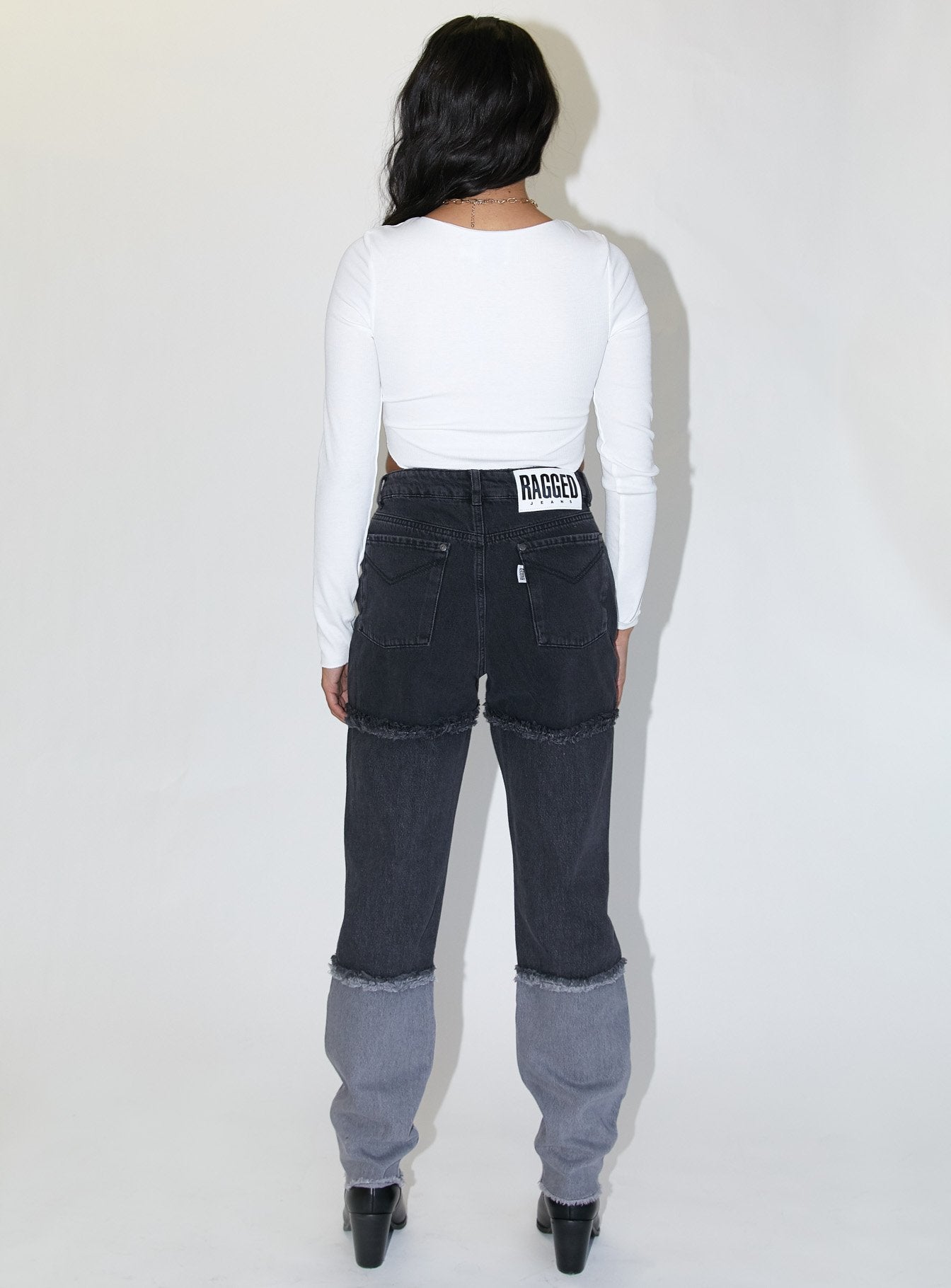 The Ragged Priest 3 Panel Ombre Black Mom Jean w/fray Seams