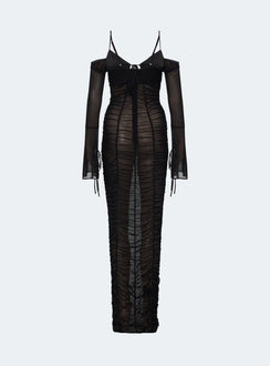 Black long sleeve maxi dress Sheer mesh material Adjustable shoulder straps Plunging neckline Tie fastening at bust Ruching throughout Silicone strip at arms Flared sleeve Good stretch Lined bust