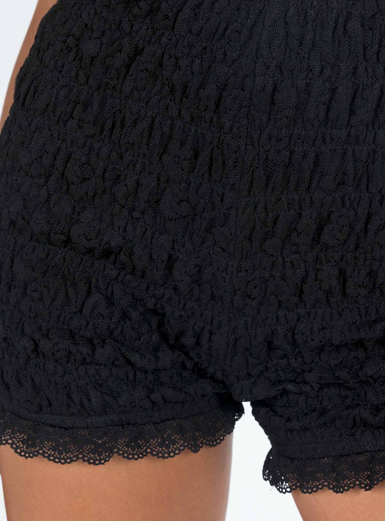 Shorts Shirred lace material Elasticated waistband Lace trimmed hem Good Stretch Fully lined 