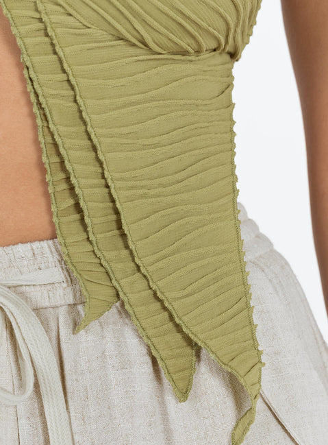 Green crop top Textured material Halter neck tie fastening Adjustable coverage Clasp fastening at back Elasticated back strap Layered double pointed hem Good stretch  Lined bust 