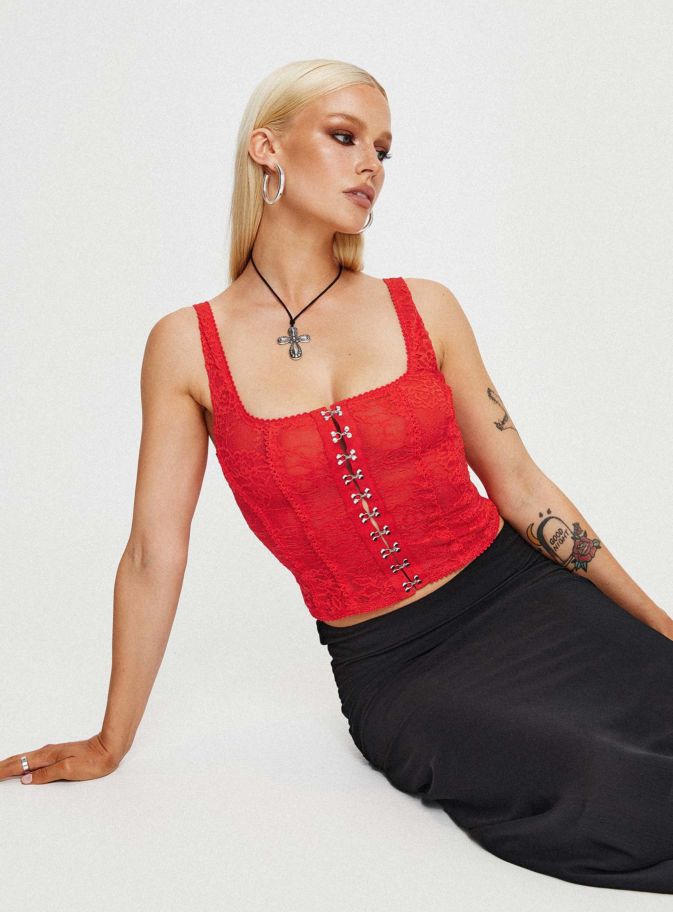 Red Top Slim fitting lace material square neckline hook and eye fastening at front