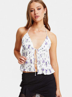 Crop top Plisse material, halter neck tie, plunging neckline, split hem, tie fastening at bust Good stretch, lined bust