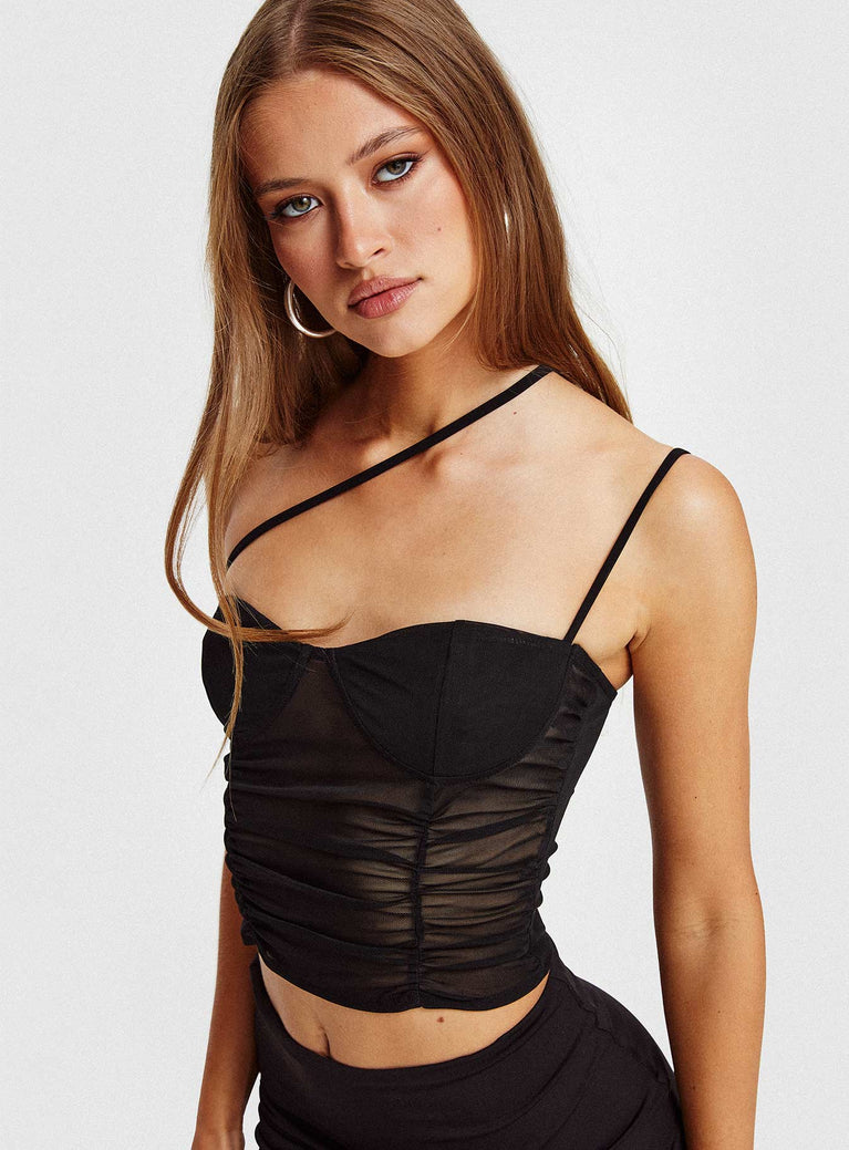 Mesh bustier top Asymmetric adjustable shoulder straps, ruching at front Good stretch, lined bust