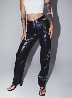 Pants Faux leather material  Semi-detached waistband  Zip & button fastening  Belt looped waist  Classic five-pocket design  Straight leg  Slight stretch 