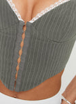 Pinstripe corset top Slim fitting, sweetheart neckline, lace trim detail, boning throughout adjustable shoulder straps, hook and eye fastening at front
