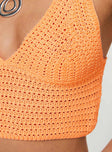 Crochet knit top V-neckline, crop style, fixed shoulder straps  Good stretch, unlined 