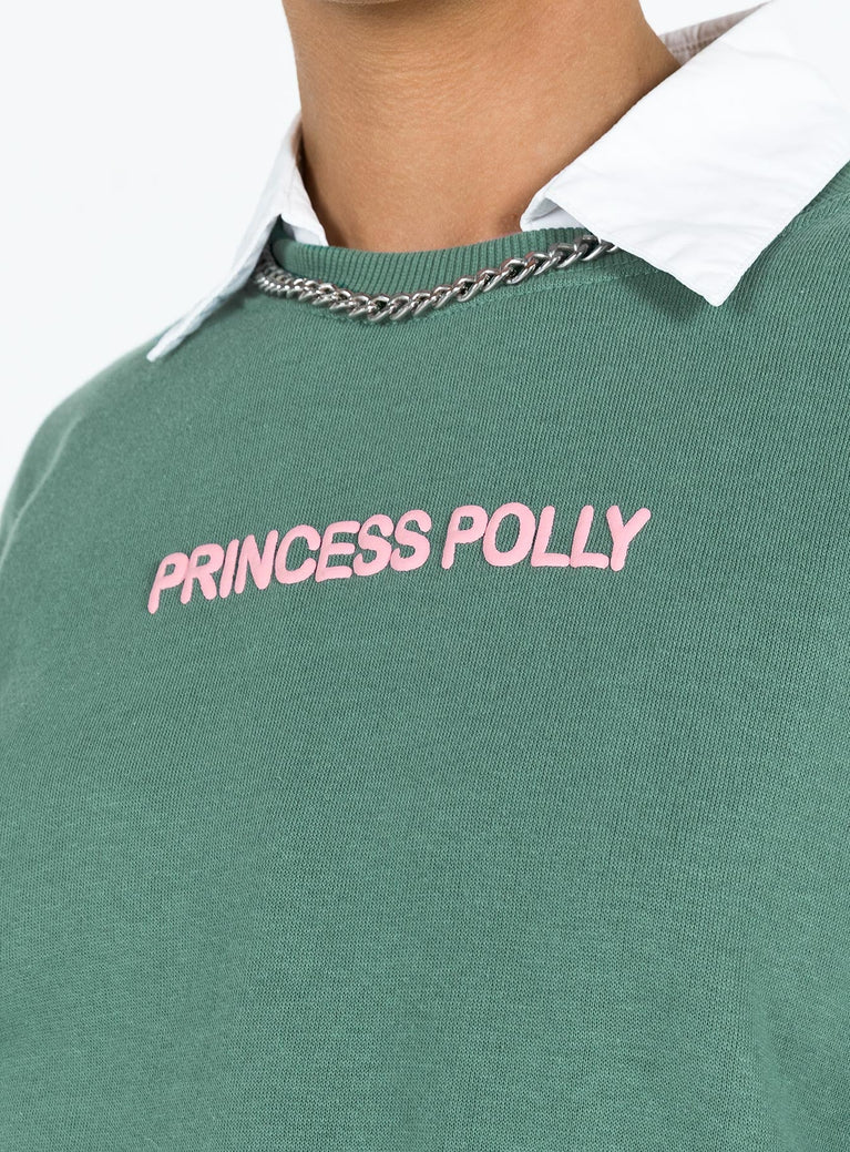 Princess Polly Crew Neck Sweatshirt Bubble Text Sage / Pink