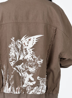 Bomber jacket Denim look material  Graphic print on back  Frayed detail  Classic collar  Zip front fastening  Drop shoulder 