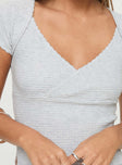 grey knit top V-neckline, cap sleeves, splits at sides