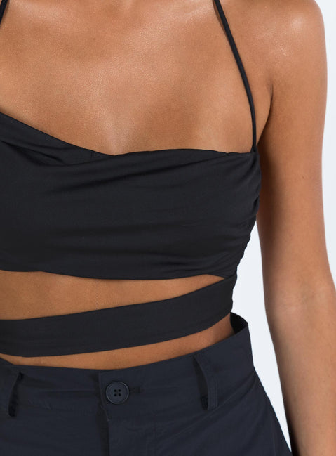 Black strapless top Back tie fastening Semi detached waist tie Good stretch Fully lined