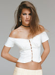 White Off the shoulder crop top Lace trim at bust boning through waist button fastening at front shirred band at back