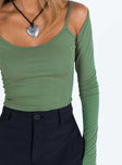 Green long sleeve top Semi detached sleeves  Singlet straps Scoop neck Good stretch  Unlined 