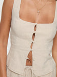 Beige Linen top Square neck, button up fastening