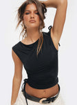 Top Cap sleeve, adjustable ruching at side and shoulder with tie fastening Good stretch, unlined 