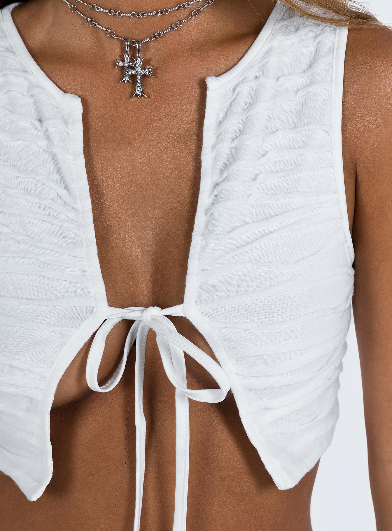 White crop top Textured material V neckline Open front Tie fastening  Good stretch Fully lined 