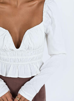 White long sleeve top Linen look material Square neckline V wired bust Tie at back of neck Elasticated bands at waist Shirred back Frill hem Ruching at cuffs Good stretch Lined front