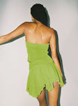 Strapless top Sparkly mesh material Inner silicone strip at bust Knot detail Open front design Lettuce edge hem