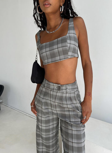 Matching set Check print Crop top Invisible zip fastening at side High waisted pants Wide leg Belt looped waist Zip & button fastening