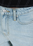 Denim shorts High rise Light wash denim Belt looped waist Zip and button fastening  Classic five pocket design Branded patch at back  Distressed hem