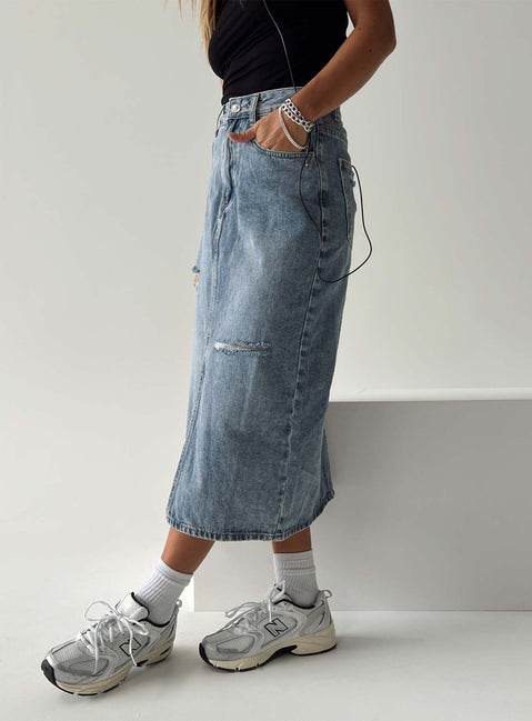 Midi skirt Light wash denim  Belt looped waist Zip and button fastening  Classic five pocket design Distressed detail Spilt hem