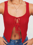 Tank top Knitted material, double tie closure, split hemline Non-stretch material, unlined, sheer