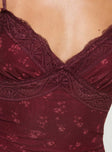 Floral print mini dress Adjustable shoulder straps lace trim