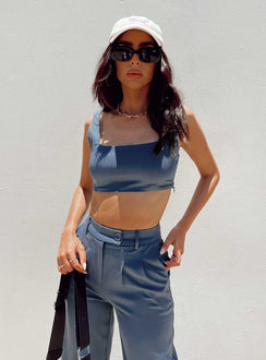 Matching set Crop top Fixed straps Invisible zip fasting at side High waisted pants Wide relaxed leg Belt loops at waist Zip & button fastening