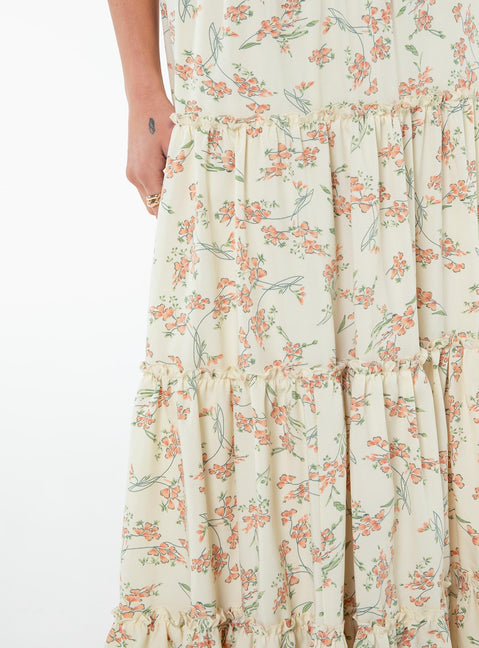 Floral maxi skirt Tiered design, frill detailing throughout, wide elasticated waist band  Non-stretch material, fully lined
